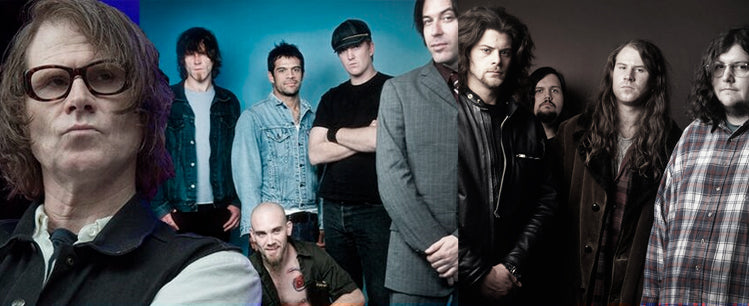 Retrato de Mark Lanegan junto a una foto grupal de una de sus bandas