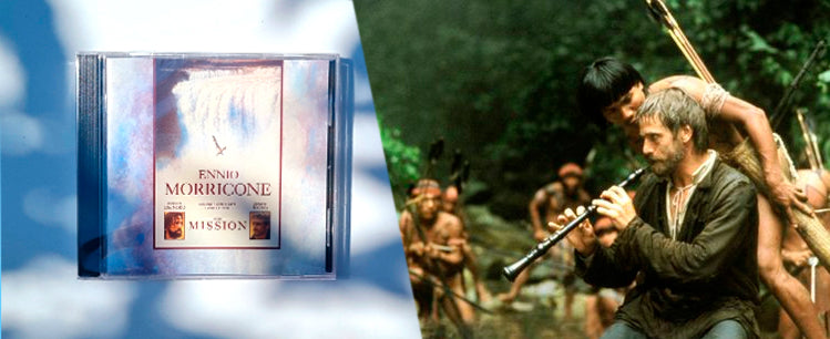 CD de la banda sonora de The Mission de Ennio Morricone y una escena de la película